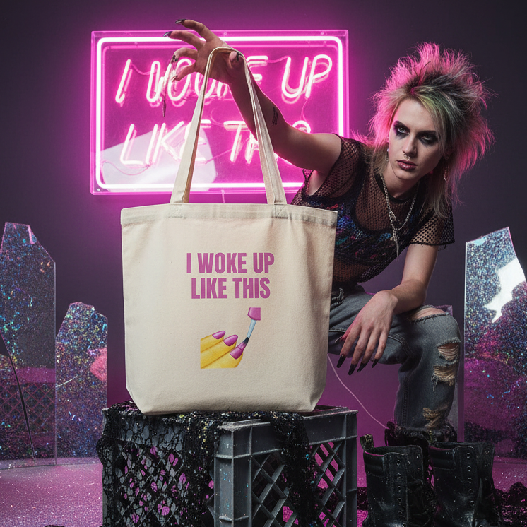 Model holds a cream tote reading “I WOKE UP LIKE THIS” with a nail-painting graphic