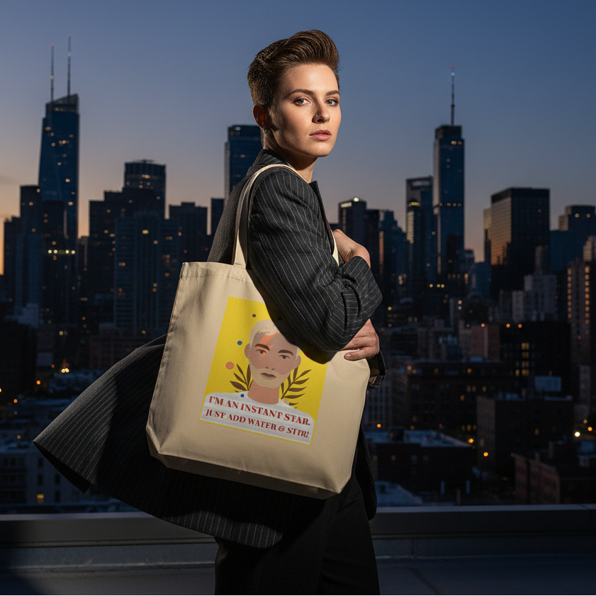 Person in a pinstripe suit holds an illustrated tote on a rooftop at dusk