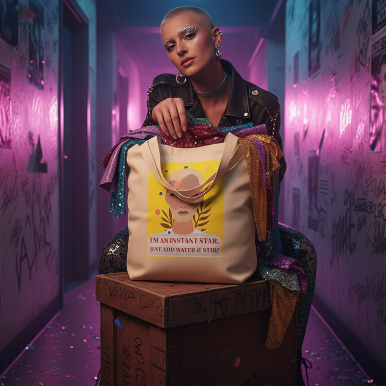I'm An Instant Star Eco Tote Bag features a vibrant portrait and slogan, resting against multicolored sequin fabrics. Perfect for making a prideful statement with its organic cotton, roomy design.