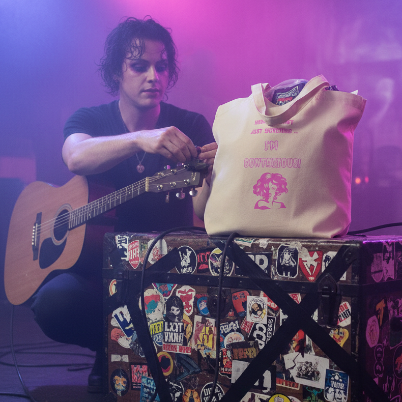 Musician adjusts guitar beside a road case featuring the “I’m Contagious!” Eco Tote Bag, showcasing a bold, empowering design on organic cotton—perfect for vibrant, prideful self-expression and eco-conscious living.
