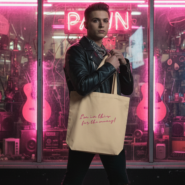 Young person with a bold, prideful stance holds the I'm In This For The Money Eco Tote Bag, featuring pink script on tan organic cotton, in front of a neon-lit pawn shop.