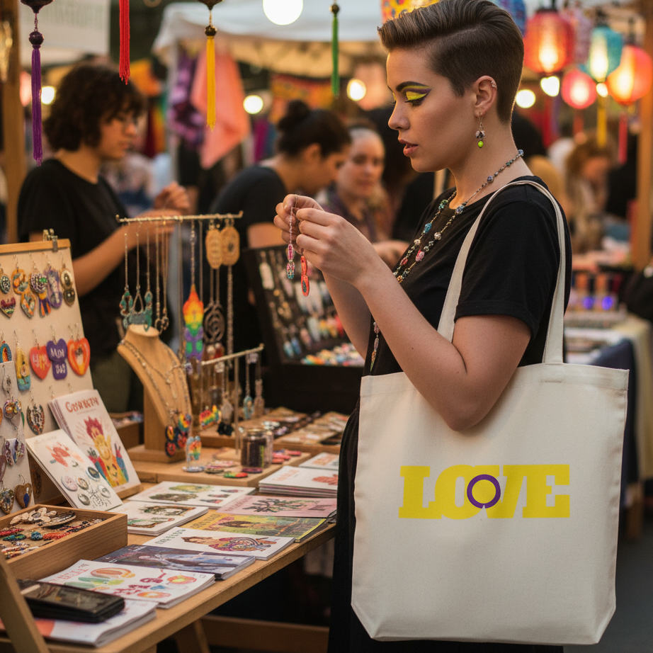 Young shopper at craft market inspects artisanal earrings, proudly sporting the Intersex Love Eco Tote Bag with bold LOVE design, reflecting empowerment and eco-conscious pride from Queer In The World: The Shop.
