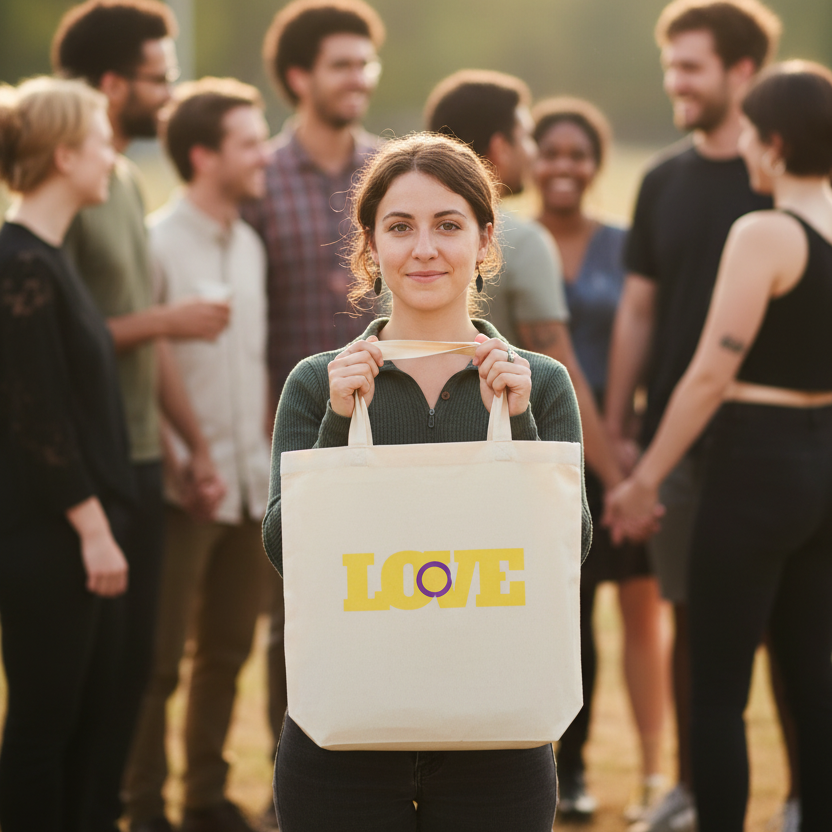 Intersex Love Eco Tote Bag with “LOVE” and a purple intersex symbol as the "O" held by a femme; diverse queer folks in background.