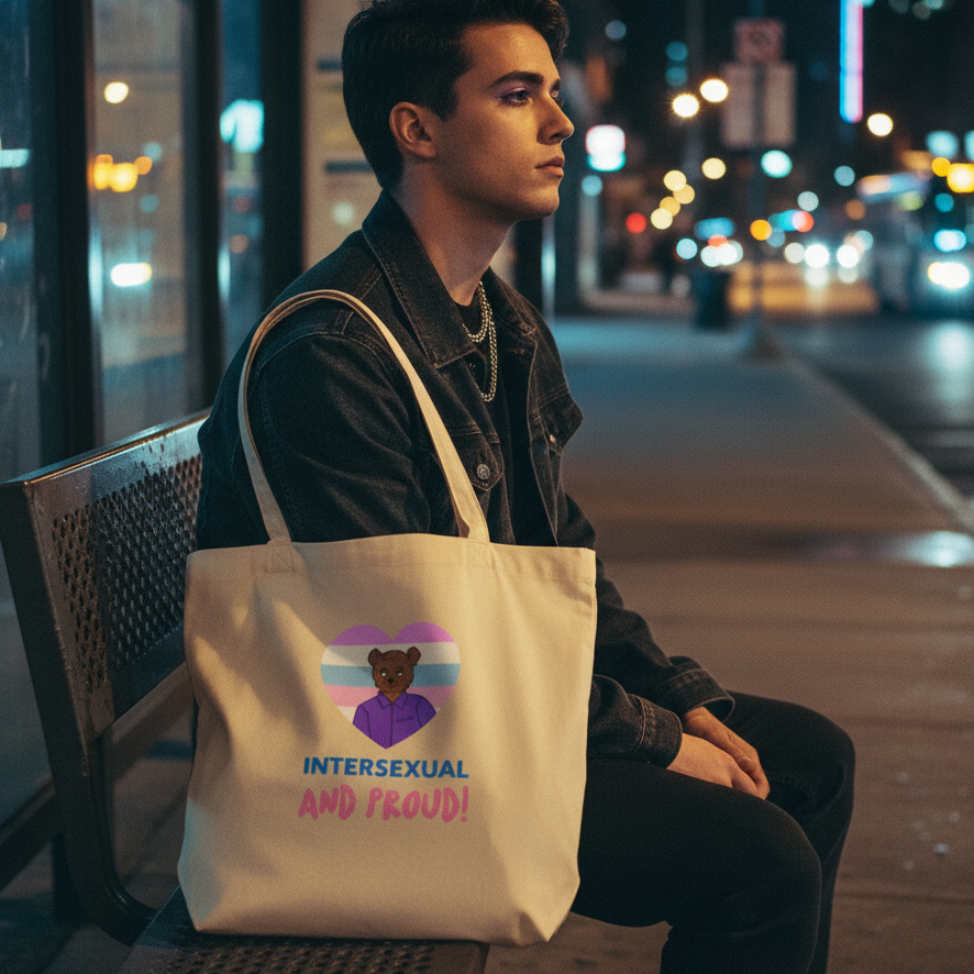 Young person sits on a city bus stop bench holding the Intersexual And Proud Eco Tote Bag, featuring a stylized heart with pastel flag colors and a cartoon bear, expressing queer pride and empowerment.