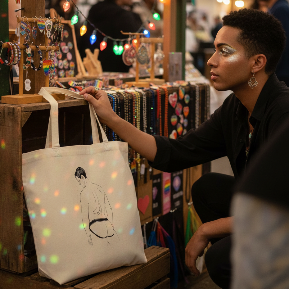 Person with glittery eye makeup showcasing the Jockstrap Eco Tote Bag amid a vibrant market stall. The tote features a line drawing of a person in a jockstrap, celebrating pride and eco-consciousness.