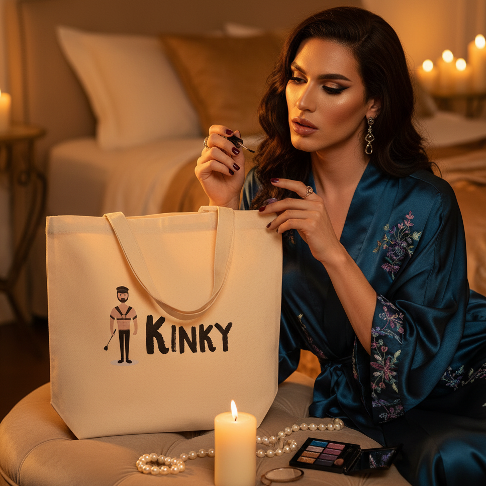 Cream tote bag with a KINKY graphic and cartoon figure, beside a seated person