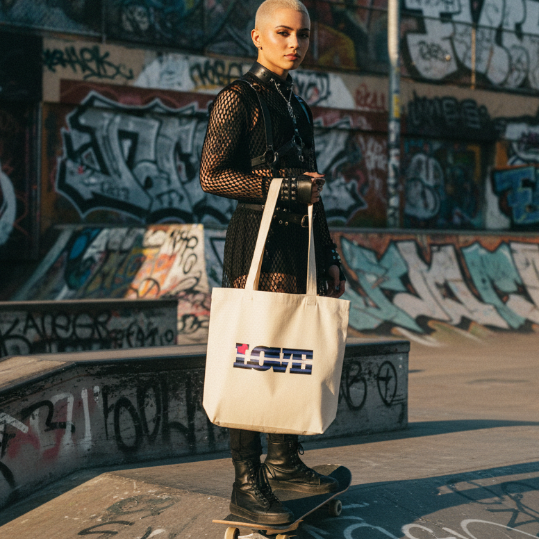 Young person at skatepark with a closely shaved head, wearing a mesh and harness outfit and chunky boots, showcasing the Leather Pride Love Eco Tote Bag, a cream canvas bag with LOVE in bold, multicolored letters.