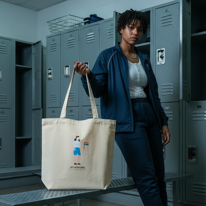 Young person in a locker room holds the Let Us Be Free Let Us Be Proud Eco Tote Bag, showcasing its artistic design with a prideful message, exemplifying queer empowerment and eco-conscious style.