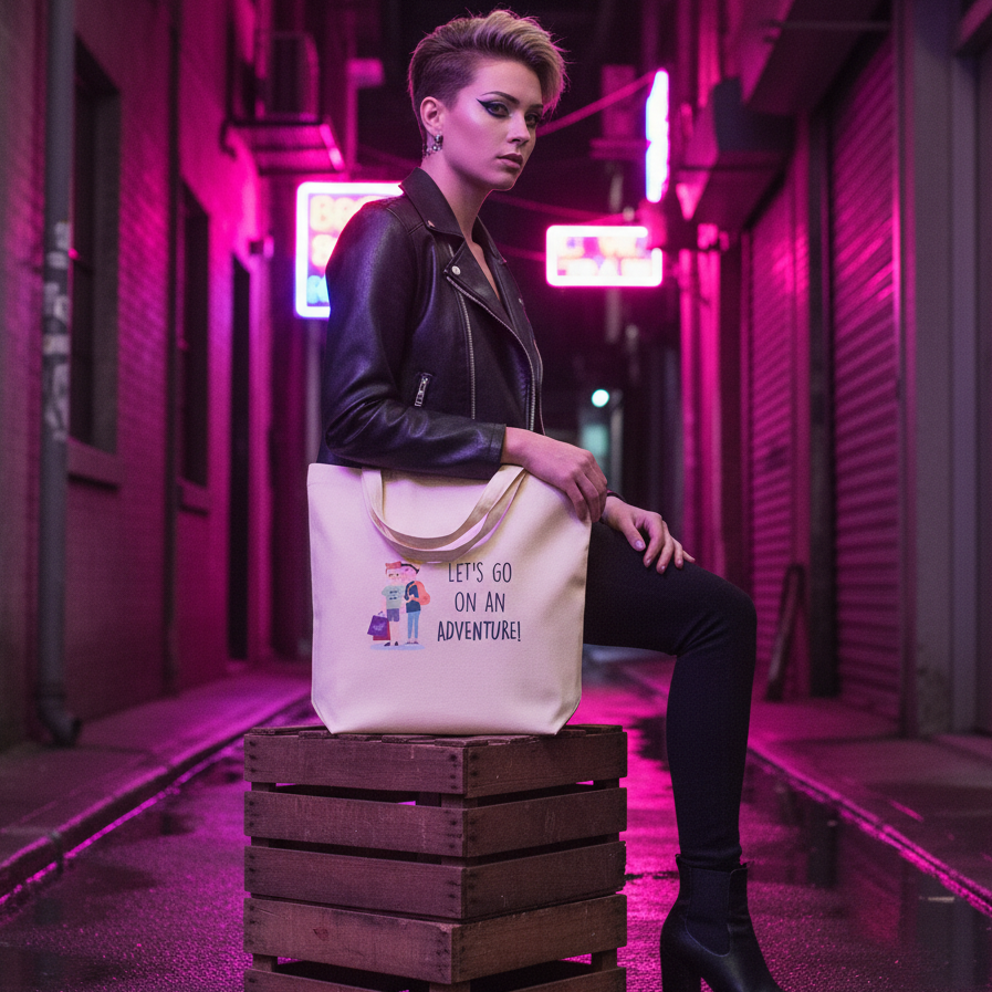 A young person exudes urban flair, holding the Let's Go On An Adventure Eco Tote Bag with cartoon travelers, embodying queer pride and eco-consciousness amidst a neon-lit alley backdrop, in bold self-expression.