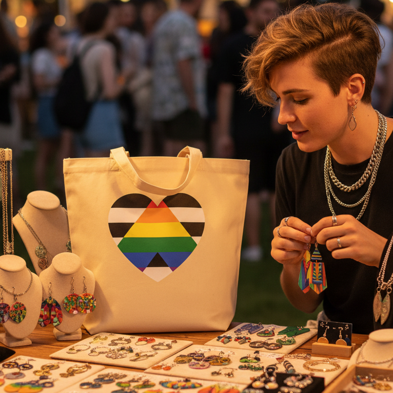 LGBTQ Ally Eco Tote Bag featuring a rainbow-striped heart design on a cream backdrop, surrounded by handmade jewelry at a vibrant craft market. A person admires colorful earrings, embodying pride and self-expression.