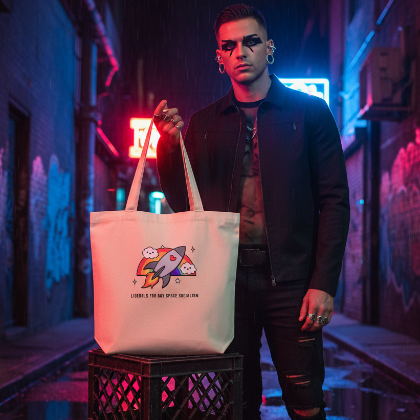 Young person with dark eye makeup holds the Liberals For Gay Space Socialism Eco Tote Bag, featuring a cartoon rocket, in a neon-lit alley. The organic cotton tote embodies confident, queer pride and self-expression.