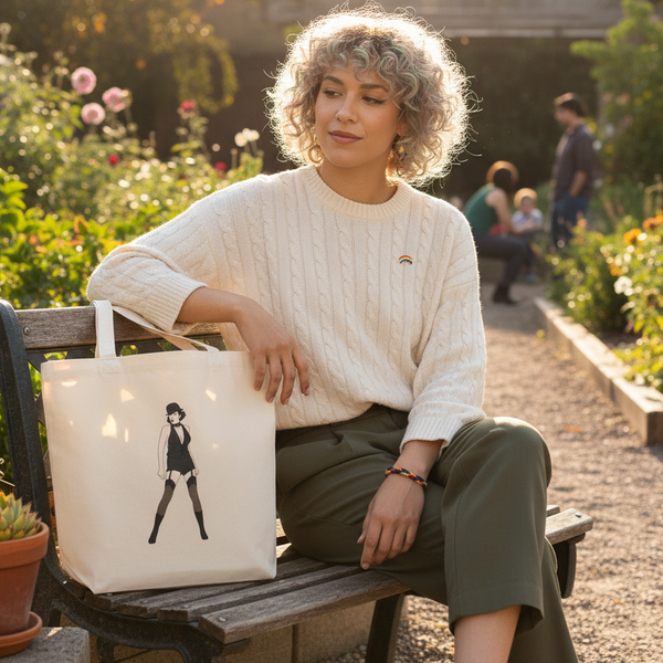Cream tote bag with a black-and-white illustrated person, displayed beside a seated person on a garden bench