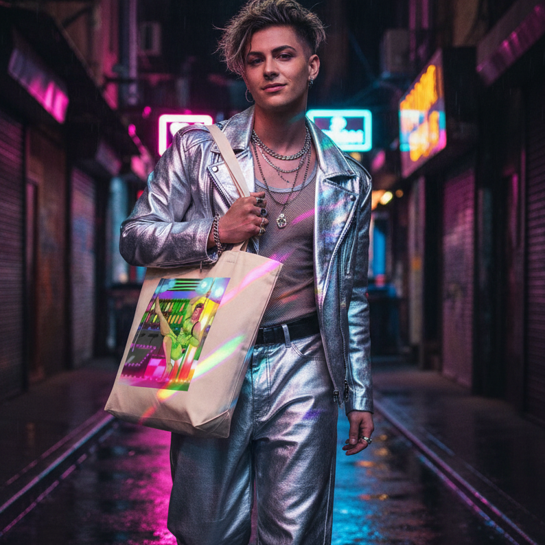 Young person stands confidently in a neon-lit alley, sporting a metallic outfit and carrying the Love At A Gay Go-Go Bar Eco Tote Bag, showcasing vibrant retro graphics—a bold, prideful statement of eco-conscious style.