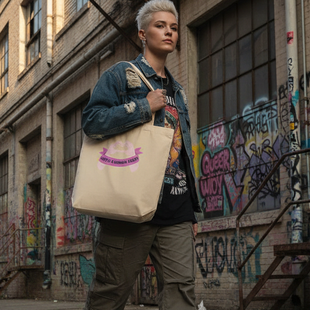Young person with bleached-blonde hair carries the Love Is A Human Right Eco Tote Bag, featuring a stylized planet and ribbon motif, in a graffiti-lined urban alleyway, embodying bold, queer self-expression.