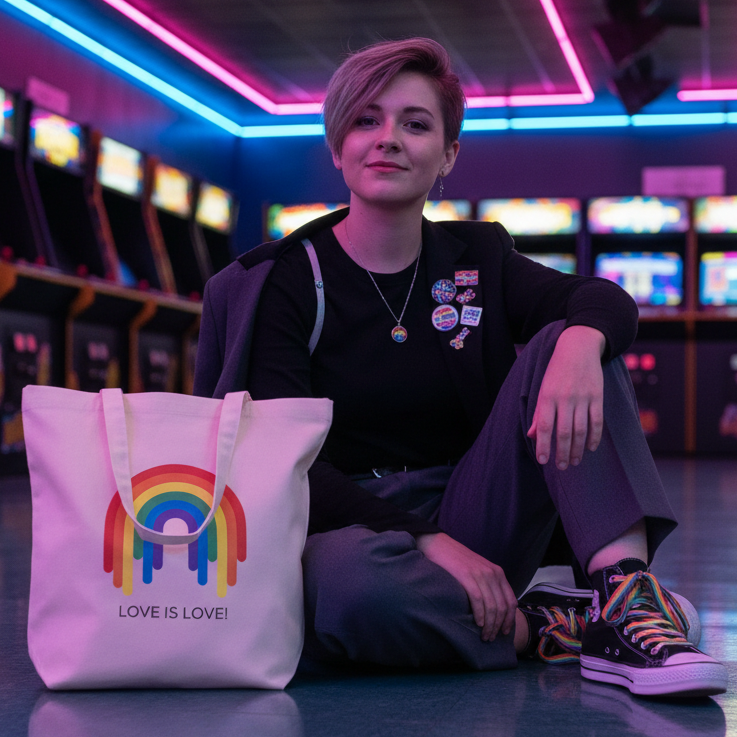Love Is Love Rainbow Eco Tote Bag on arcade floor, showcasing a vibrant dripping rainbow graphic and LOVE IS LOVE! text, embodying pride and eco-consciousness in a retro-futuristic neon-lit setting.