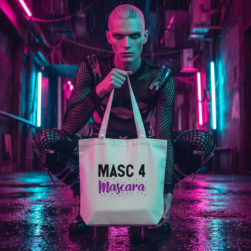 Model showcases the Masc 4 Mascara Eco Tote Bag, flaunting an all-black mesh outfit. The organic cotton tote, with bold lettering, embodies eco-consciousness and queer pride in a futuristic, editorial setting.