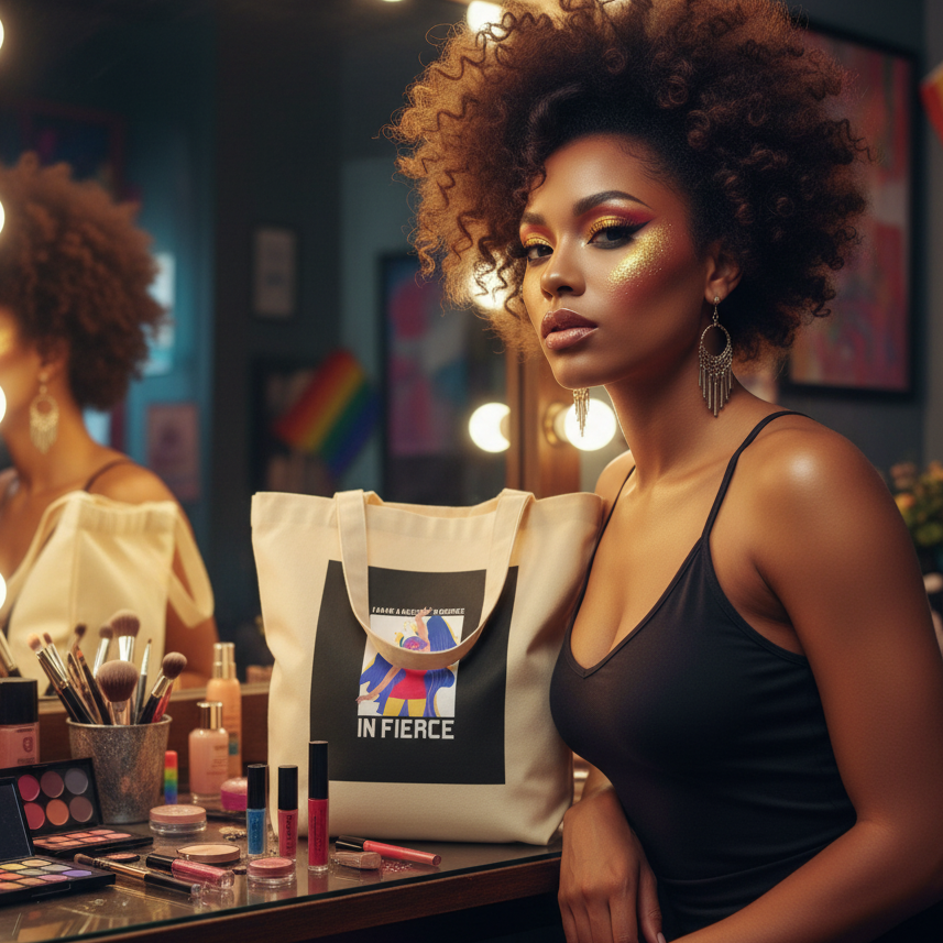 Young woman with fierce makeup sits by a vanity, showcasing the Master's Degree In Fierce Eco Tote Bag prominently. The organic cotton tote emphasizes style, eco-consciousness, and prideful self-expression.
