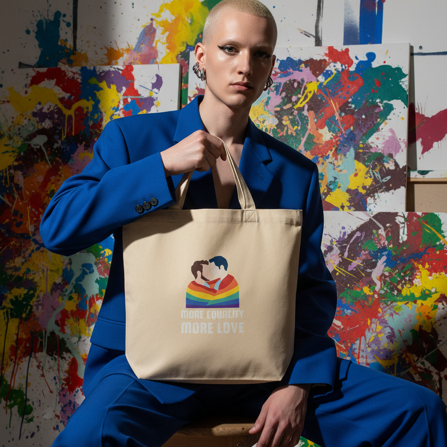 Person with bleached-blonde hair and winged eyeliner holds More Equality More Love Eco Tote Bag featuring an embracing couple under a rainbow flag. The organic cotton bag symbolizes pride and eco-consciousness.