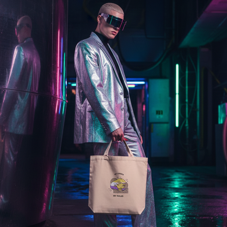 Model in a metallic-silver suit holds the My Gender My Rules Eco Tote Bag, showcasing a cartoon graphic and slogan, embodying queer pride and self-expression in a vibrant, neon-lit cyber-punk setting.