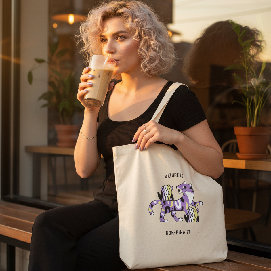 Person sipping iced coffee while displaying a cream tote bag reading “NATURE IS NON-BINARY”