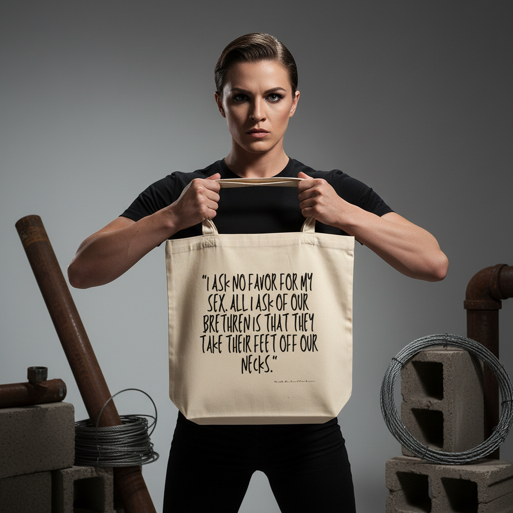 Eco tote bag with the slogan, “I ask no favor for my sex. All I ask of our brethren is that they take their feet off our necks,” held by a femme-presenting person in a black shirt, posing confidently in a studio.