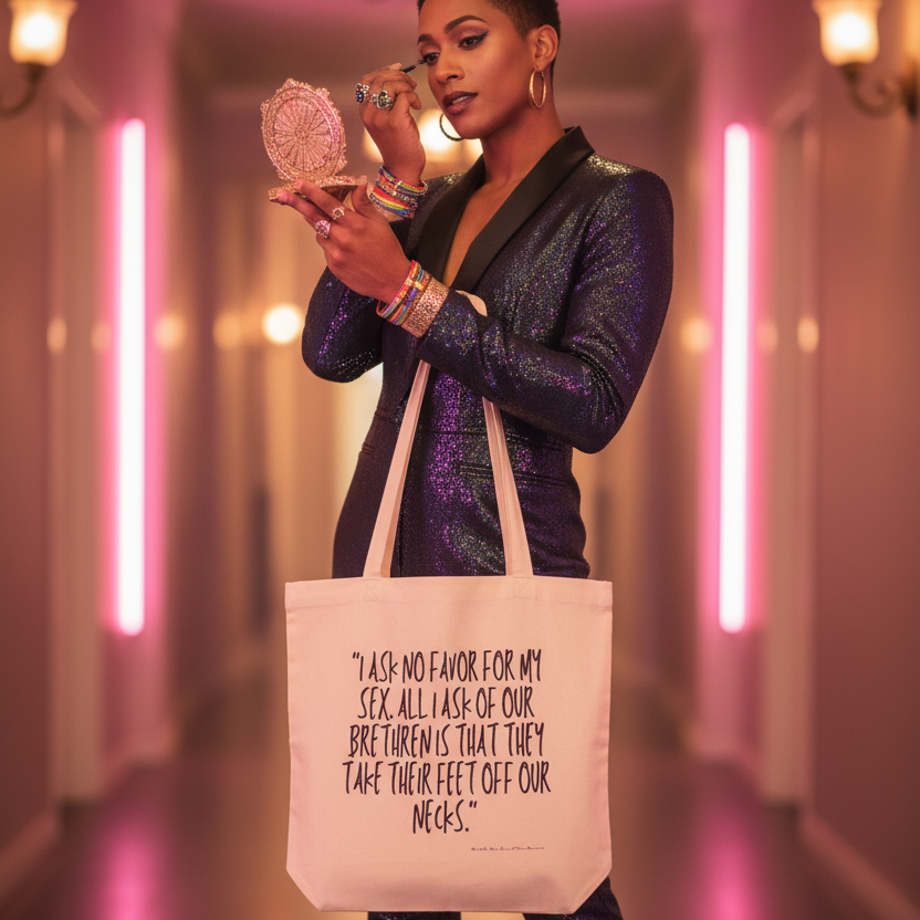 Person in a sparkly blazer holds the No Favor For My Sex Eco Tote Bag, featuring a powerful quote, embodying empowerment and visibility. The tote's organic cotton material complements their bold, prideful style.