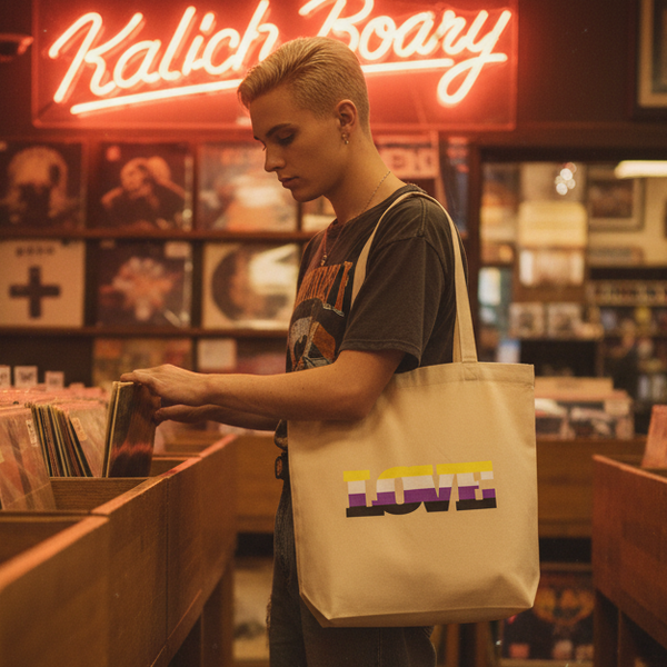 Person browsing records with a canvas tote marked LOVE in yellow, purple, and black stripes
