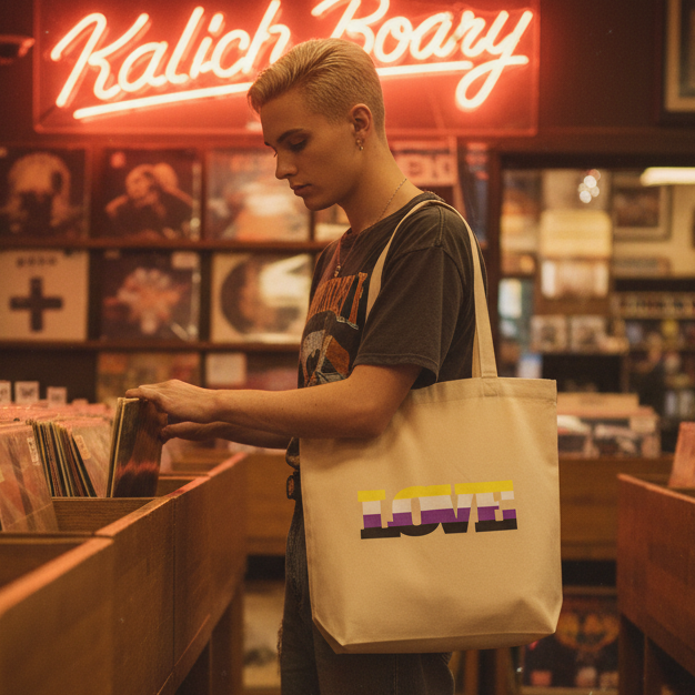 Person in vintage tee and jeans explores a record shop, showcasing the Non-Binary Love Eco Tote Bag with LOVE in rainbow stripes, embodying queer pride and eco-conscious self-expression.