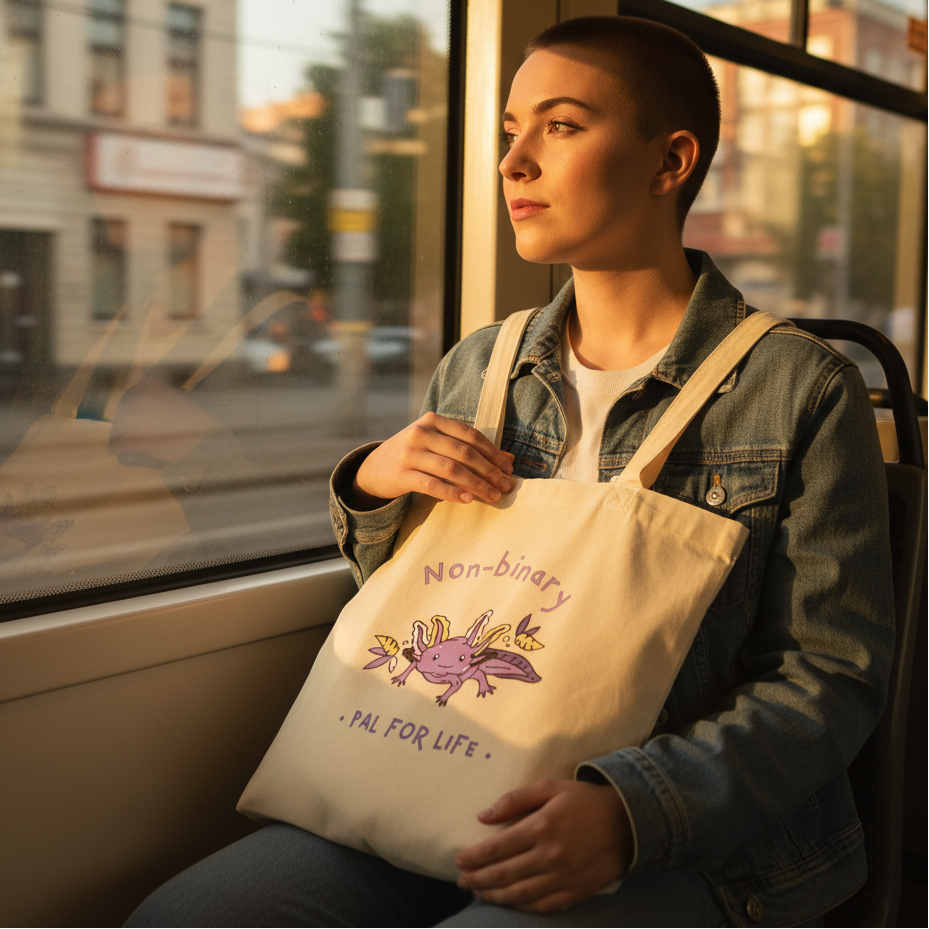 Non-Binary Pal For Life Eco Tote Bag featuring a cartoon axolotl, proudly displayed by a young person on public transit. This organic cotton tote celebrates queer identity and eco-conscious living with style and pride.