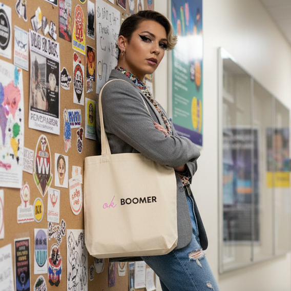 Person in a gray blazer carries a cream tote reading “Ok Boomer”
