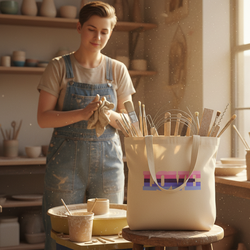 Omnisexual Love Eco Tote Bag on a stool, filled with pottery tools, in an artist's studio. The cream-colored tote features LOVE in vibrant stripes, symbolizing pride and eco-consciousness.