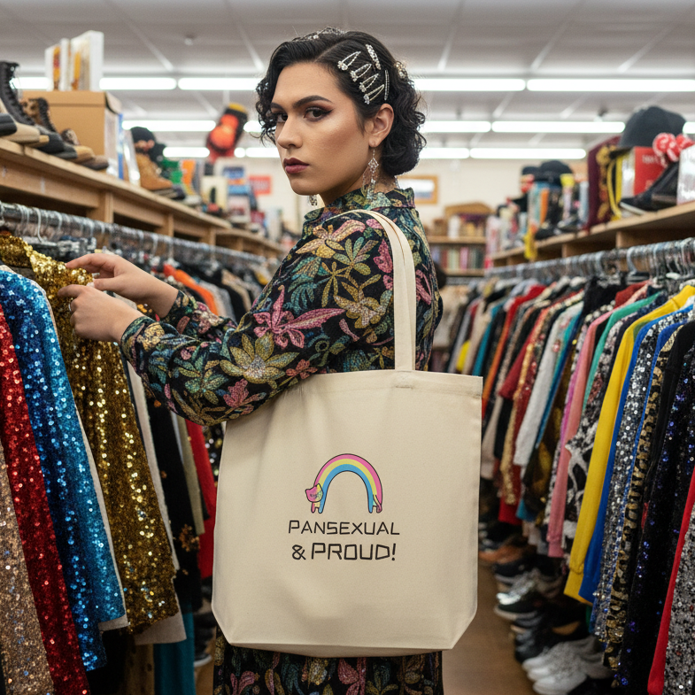 Person browsing colorful sequined garments in a store, carrying a Pansexual & Proud Eco Tote Bag. The bag features a rainbow cat graphic, promoting visibility with eco-friendly style and queer pride.