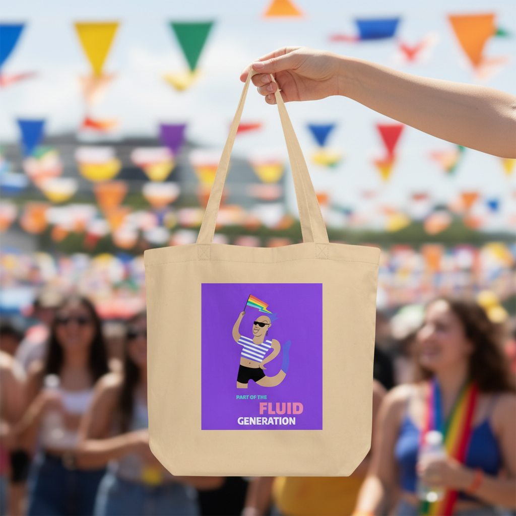 Eco tote bag in purple held by a hand, with a graphic of a person waving a rainbow flag; blurred queer outdoor celebration behind.