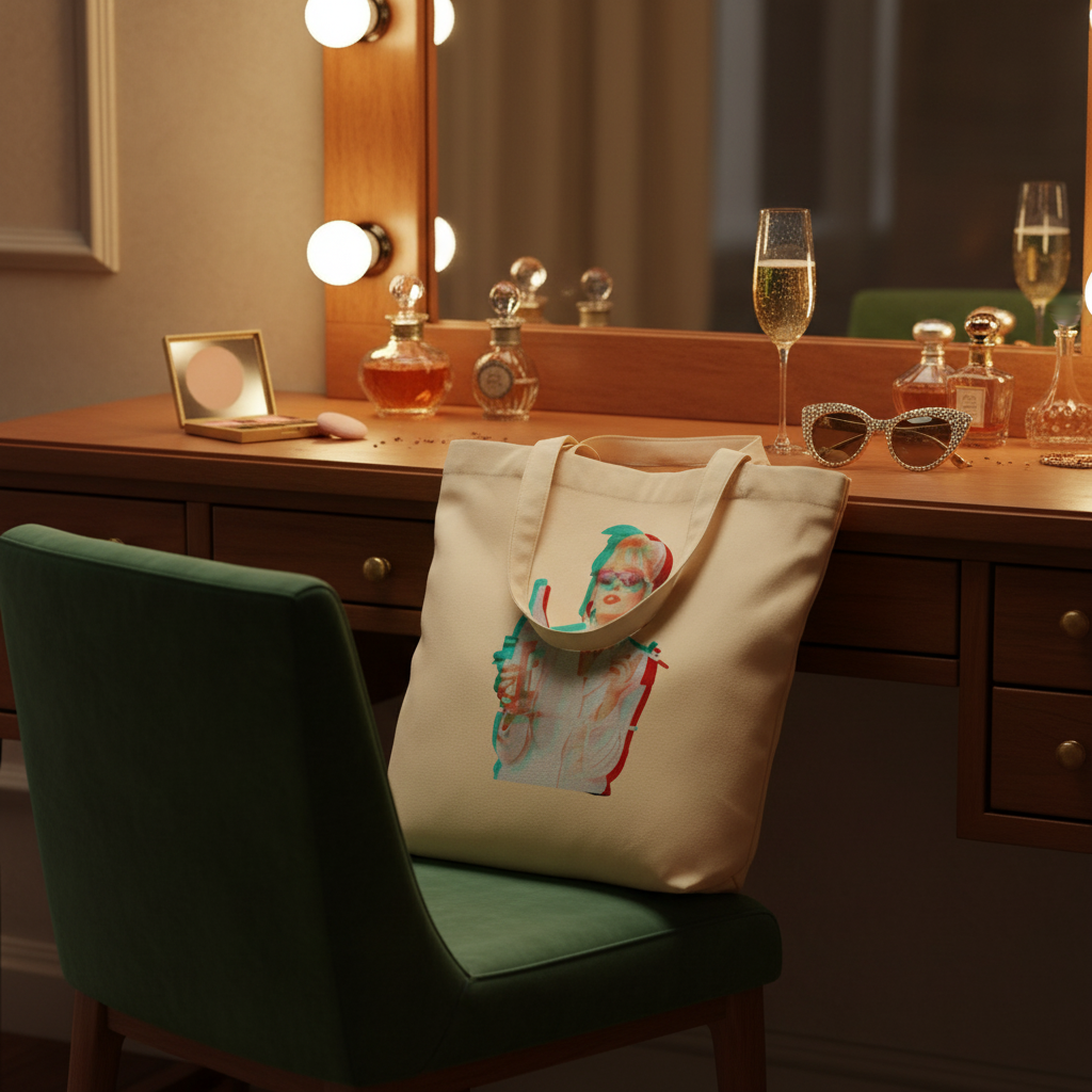 Patsy Stone Absolutely Fabulous Eco Tote Bag hangs stylishly on a green chair, featuring a vibrant, glitch-style illustration of a woman sipping from a glass, embodying bold, queer pride and eco-conscious self-expression.