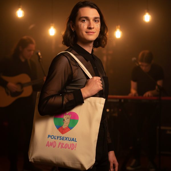 Model holding a natural canvas tote reading “POLYSEXUAL AND PROUD!” with a heart graphic