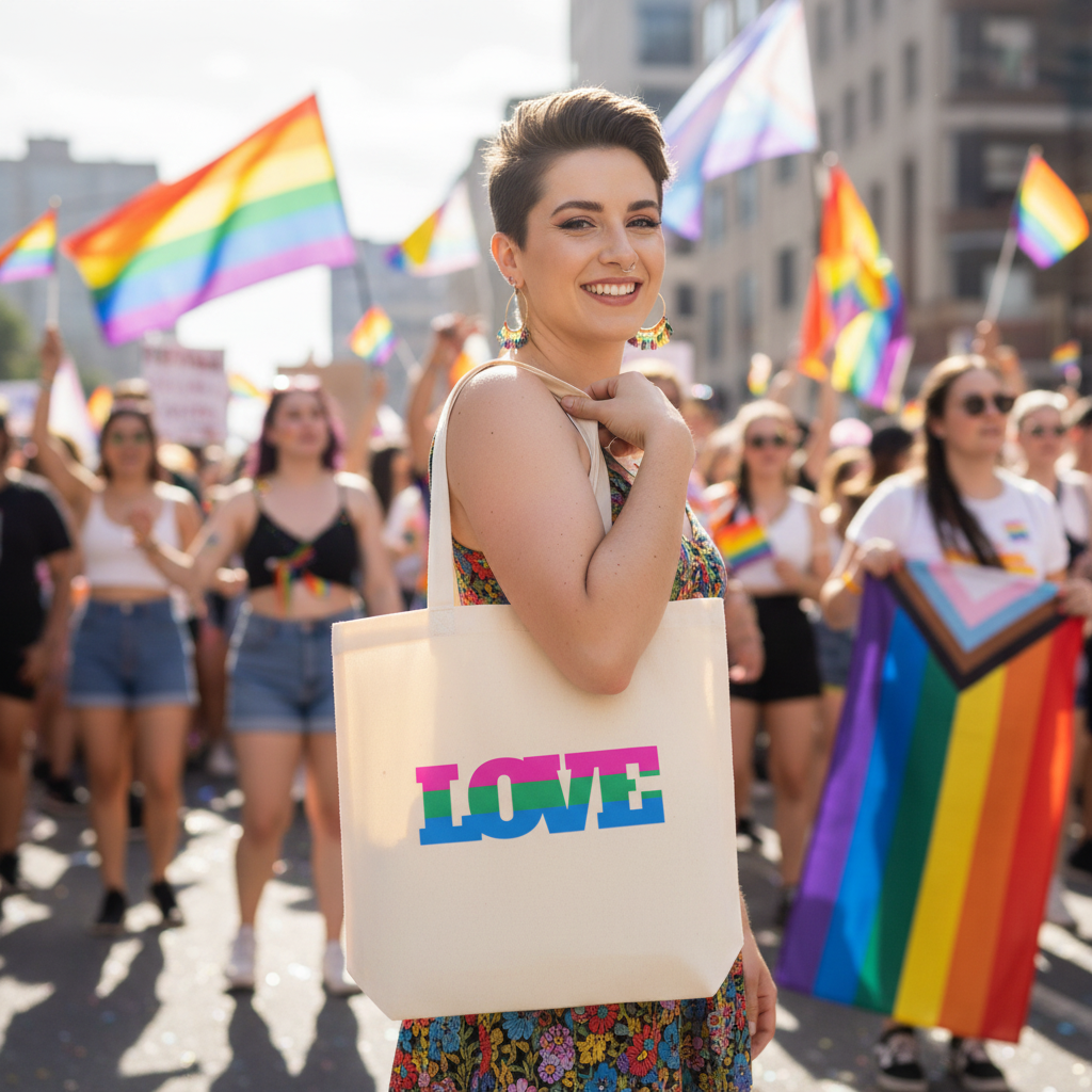 Polysexual Love Eco Tote Bag with "LOVE" in rainbow colors, held by a short-haired person at a sunny pride parade full of LGBTQ+ flags.