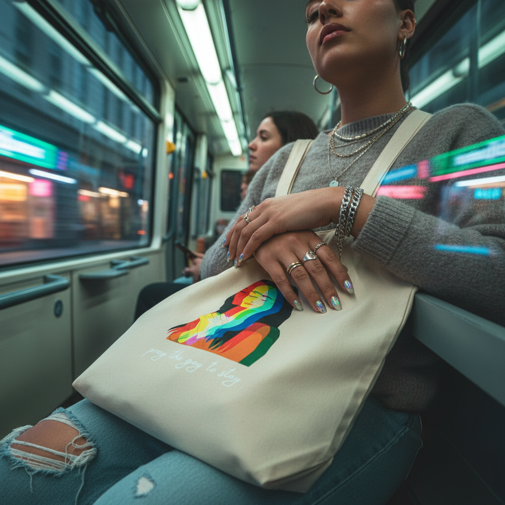 Person on a night tram holds the Pray The Gay To Stay Eco Tote Bag with a rainbow silhouette and slogan, showcasing queer pride and eco-conscious style. Iridescent nails and jewelry enhance the vibrant, inclusive look.