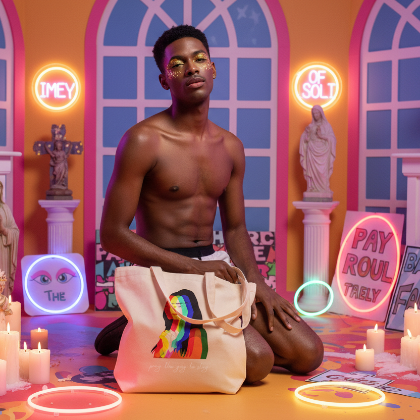 Pray The Gay To Stay" eco tote bag with a bold portrait, shown amid queer neon pink, orange, and purple décor and candles.