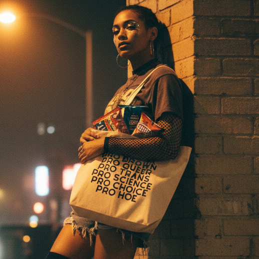 Young woman exudes confidence with the Pro Hoe Eco Tote Bag featuring affirmations for social justice, complementing her edgy street-style outfit, embodying pride and self-expression in a vibrant urban setting.