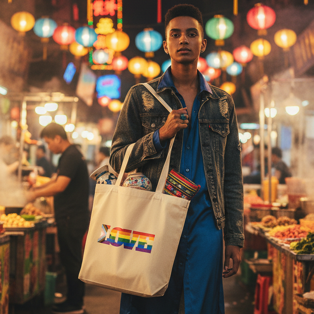 A young person in a vibrant night market proudly displays the Progress LGBT Love Eco Tote Bag. The organic cotton tote features rainbow-striped LOVE letters, embodying eco-consciousness and joyful queer pride.