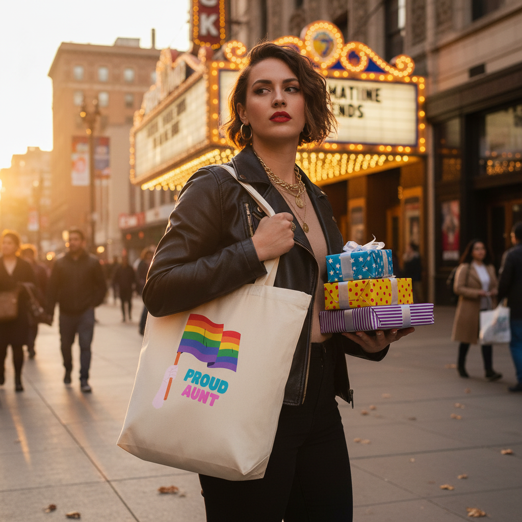 A young woman carries the Proud Aunt Eco Tote Bag, featuring a rainbow flag and PROUD AUNT text, against a vintage theater backdrop, embodying prideful self-expression and eco-conscious style.