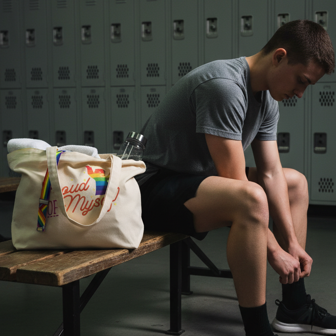 A young man in athletic gear ties his shoes beside the Proud Of Myself Eco Tote Bag, featuring a rainbow strap, symbolizing pride and self-expression, perfect for bold, eco-conscious individuals.