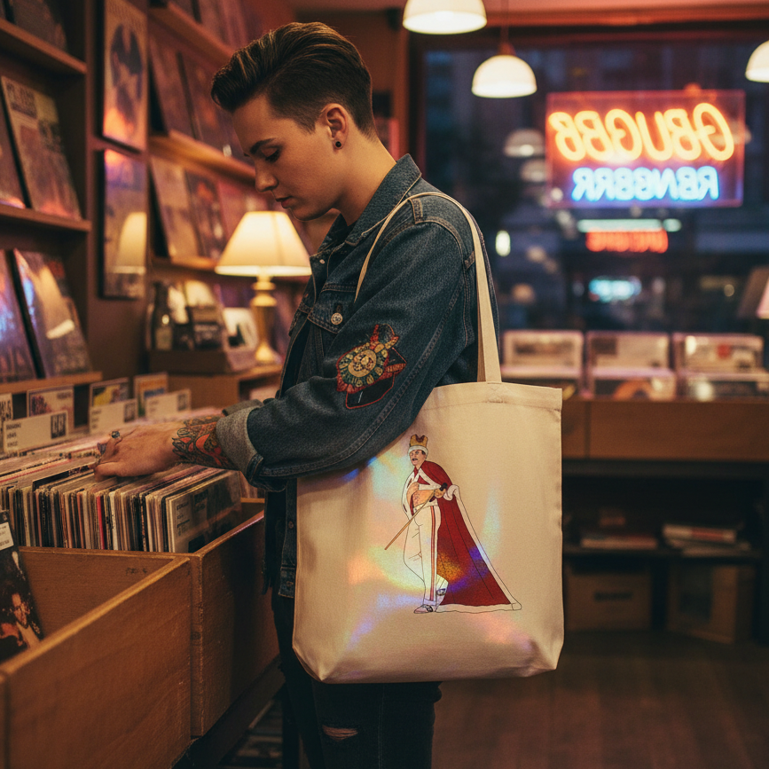 Person browsing records in a cozy shop, wearing a denim jacket and carrying a Queen Freddy Mercury Eco Tote Bag. The organic cotton tote features a crowned figure, embodying bold, prideful self-expression.