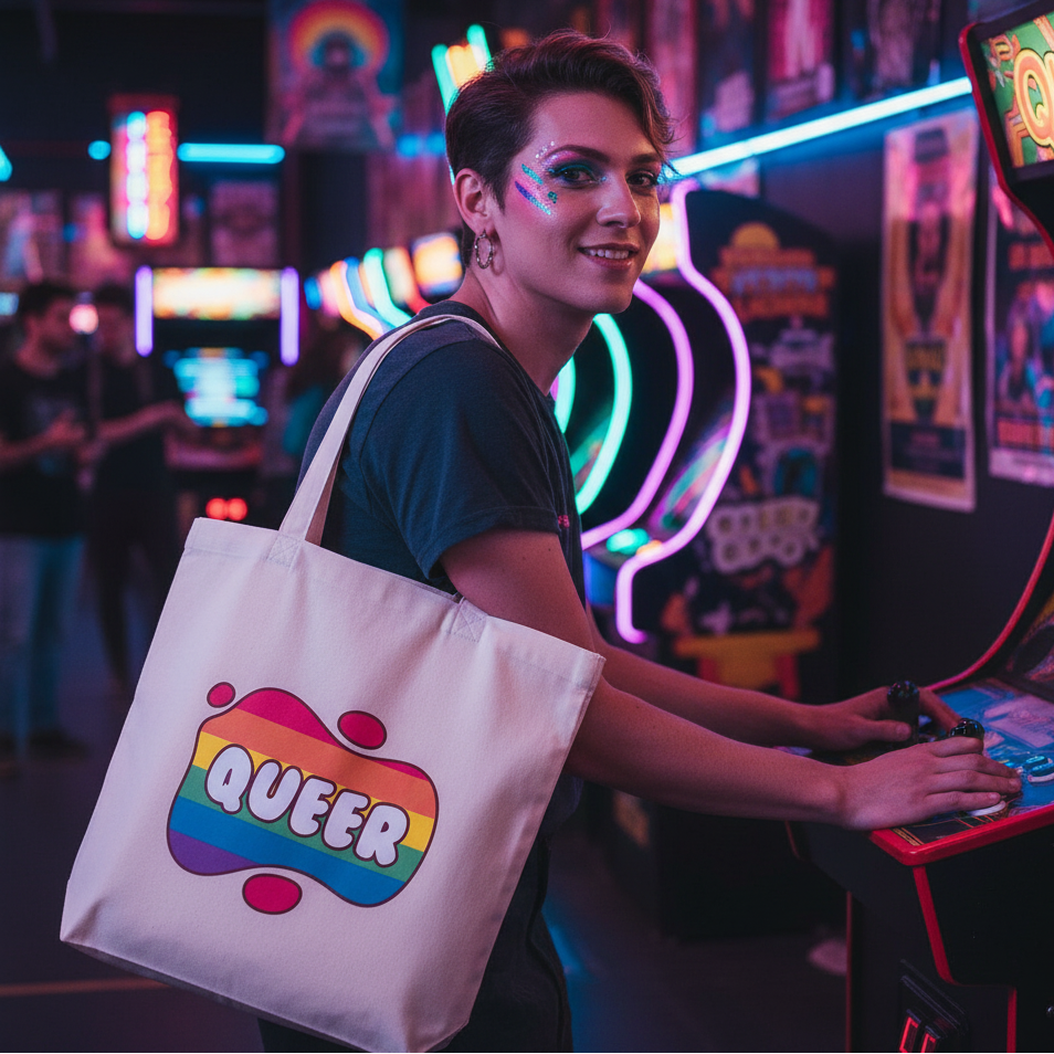 Person joyfully playing arcade game, sporting colorful glitter makeup, carries a Queer Eco Tote Bag. The organic cotton tote features a rainbow-stripe QUEER logo, embodying pride and eco-consciousness in vibrant style.