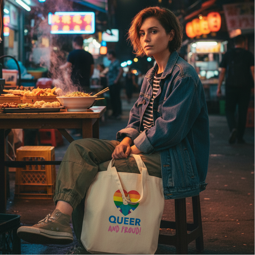 A young person sits at a neon-lit street-food table, showcasing the Queer And Proud Eco Tote Bag, emblazoned with a rainbow heart, symbolizing self-expression and pride.