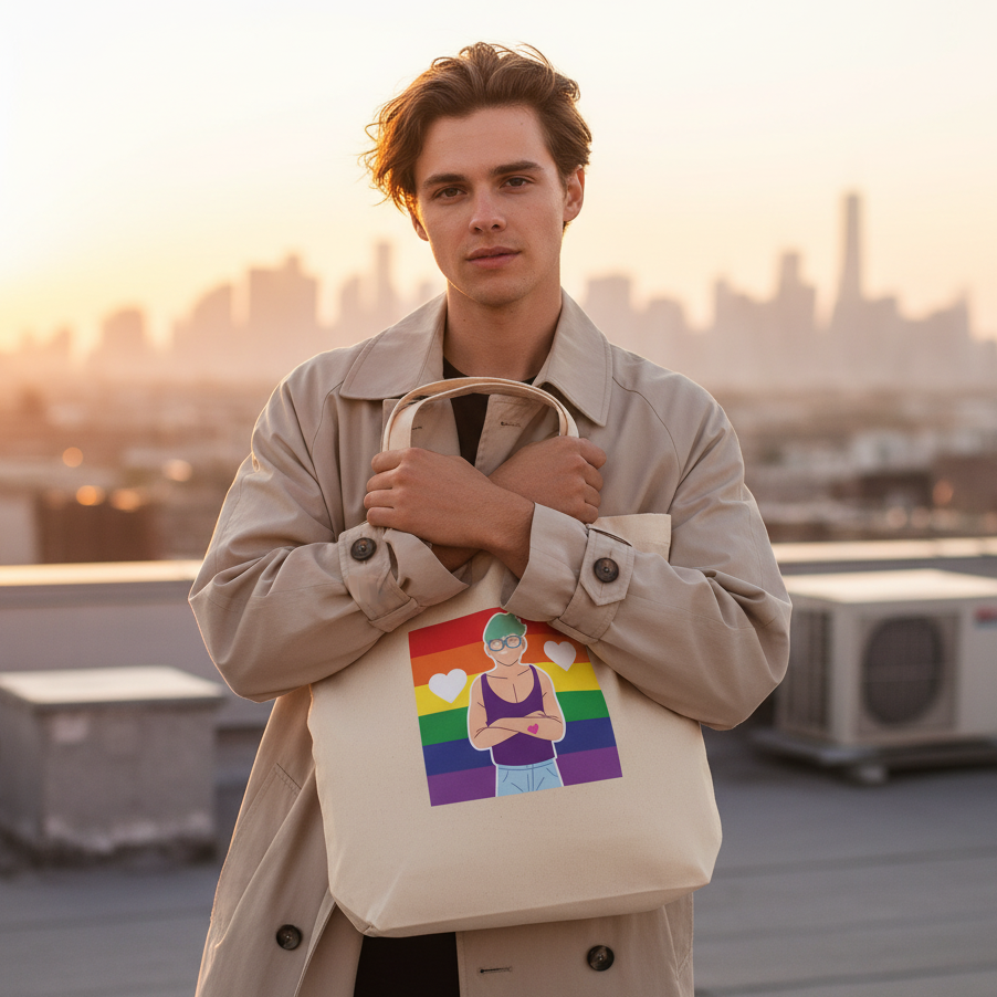 Young person holds the Queer Love Eco Tote Bag, featuring a vibrant cartoon figure and rainbow design, against a city skyline at sunset. The tote embodies bold, prideful self-expression and eco-consciousness.