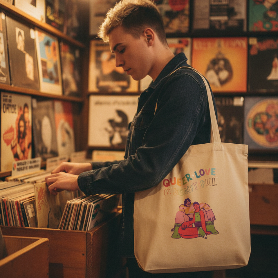 Young person in denim jacket browsing records in a shop, carrying a Queer Love Is Beautiful Eco Tote Bag with an illustration promoting pride and self-expression, embodying eco-consciousness and LGBTQIA+ visibility.