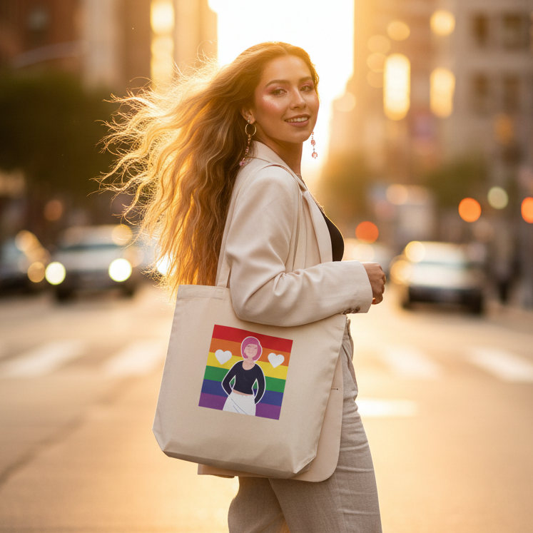 Person carrying a rainbow-striped tote with a stylized person and heart symbols