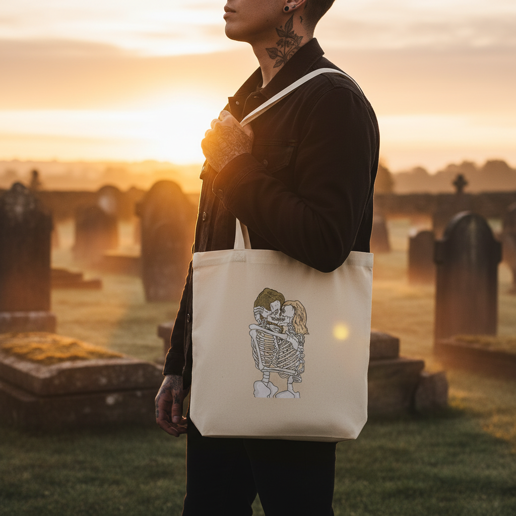 Person in dark jacket holding Queer Skeletons Eco Tote Bag featuring embracing skeletons print, standing in old cemetery. The organic cotton tote embodies prideful, eco-conscious self-expression—perfect for bold, inclusive, queer visibility.