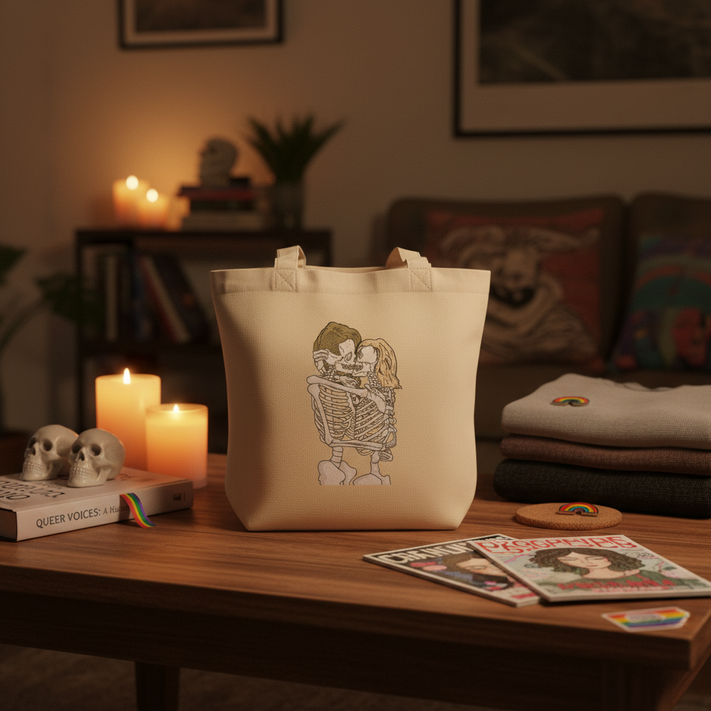 Beige organic cotton Queer Skeletons tote with cartoon skeleton hug, on wood table with folded clothes, LGBTQ+ mags, candles, Pride flags.